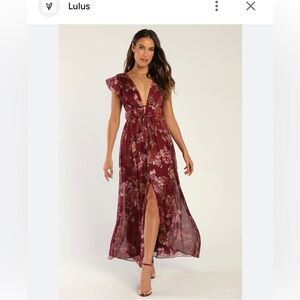 Lulus burgundy floral print ruffled maxi dress